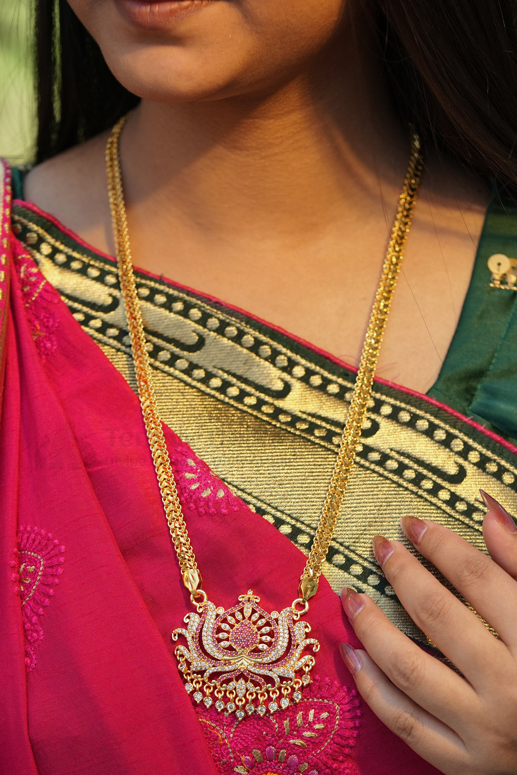 Ruby & White Floral Lotus Pendant with V-Link Chain