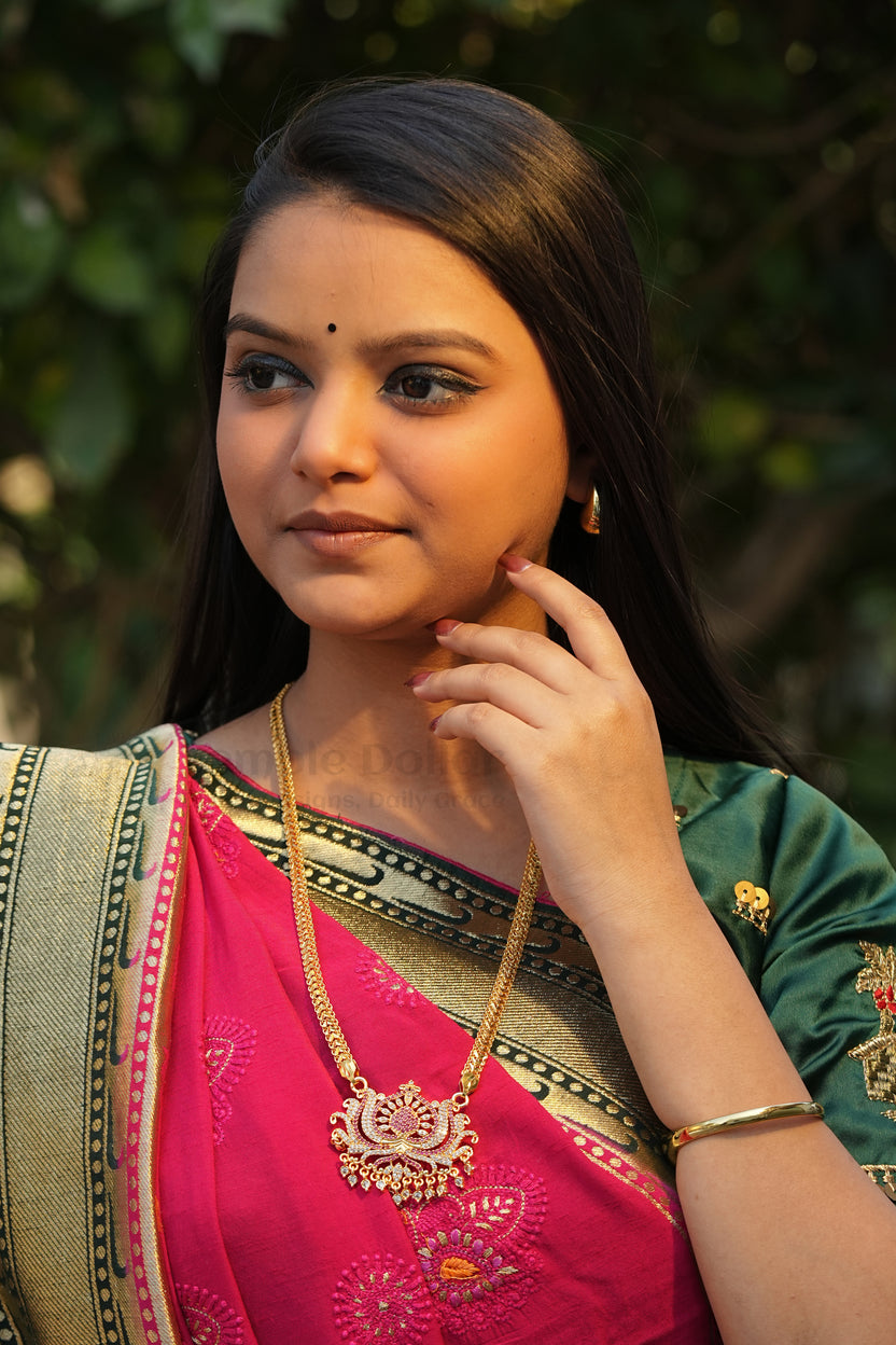 Ruby & White Floral Lotus Pendant with V-Link Chain