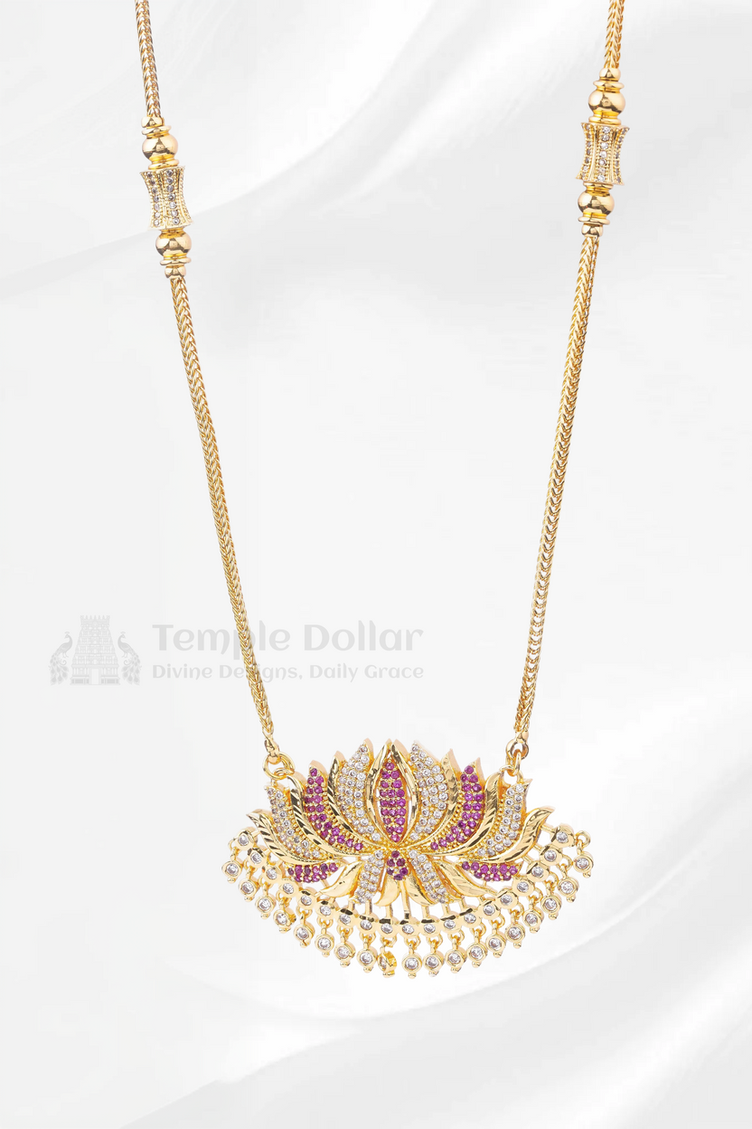 Blooming Lotus Pendant Necklace with Ruby Pink & American Diamonds