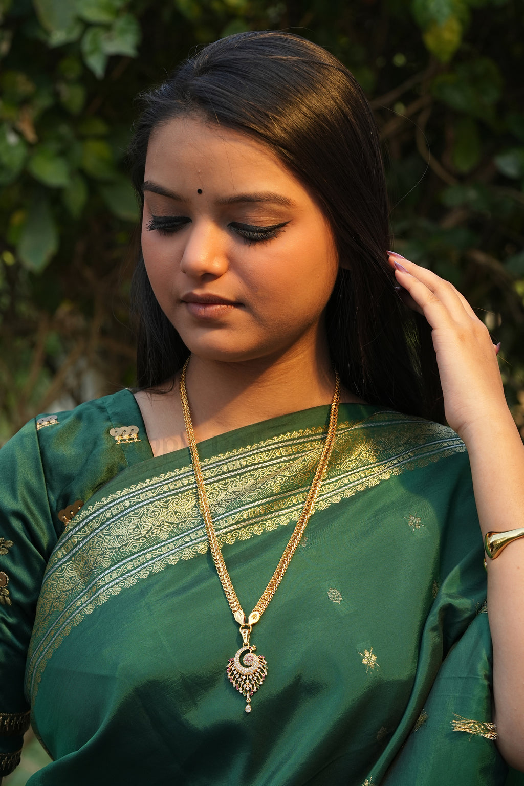 Stylized Peacock Swirl Pendant with V-Link Chain