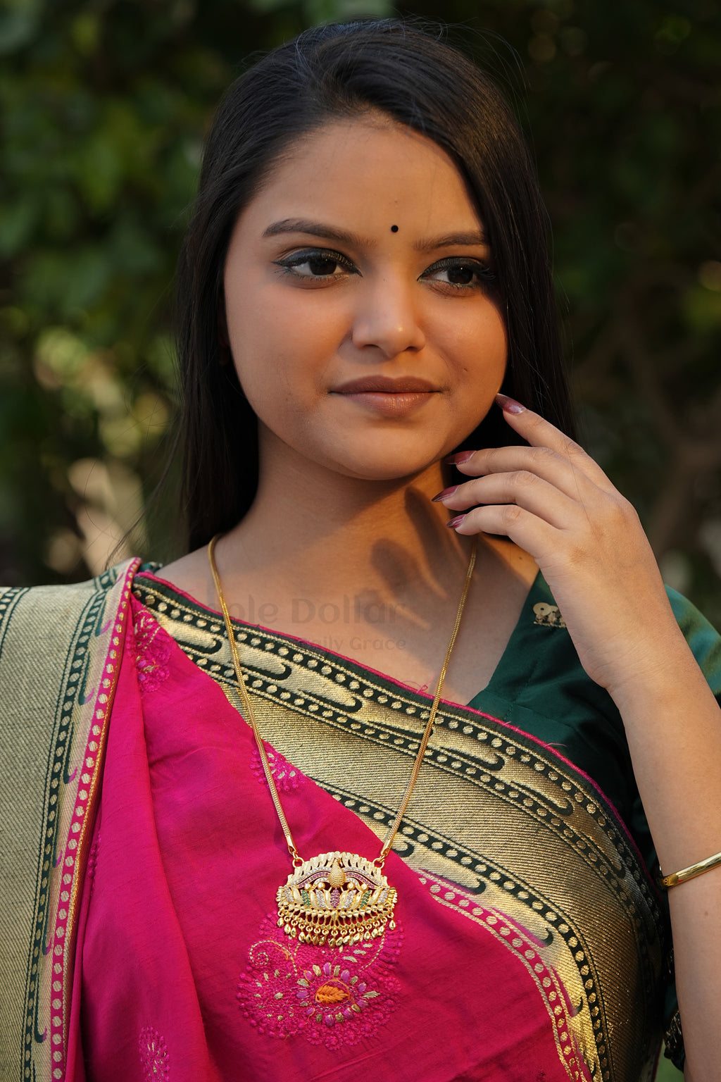 Peacock on Lotus Textured Pendant with V-Link Chain