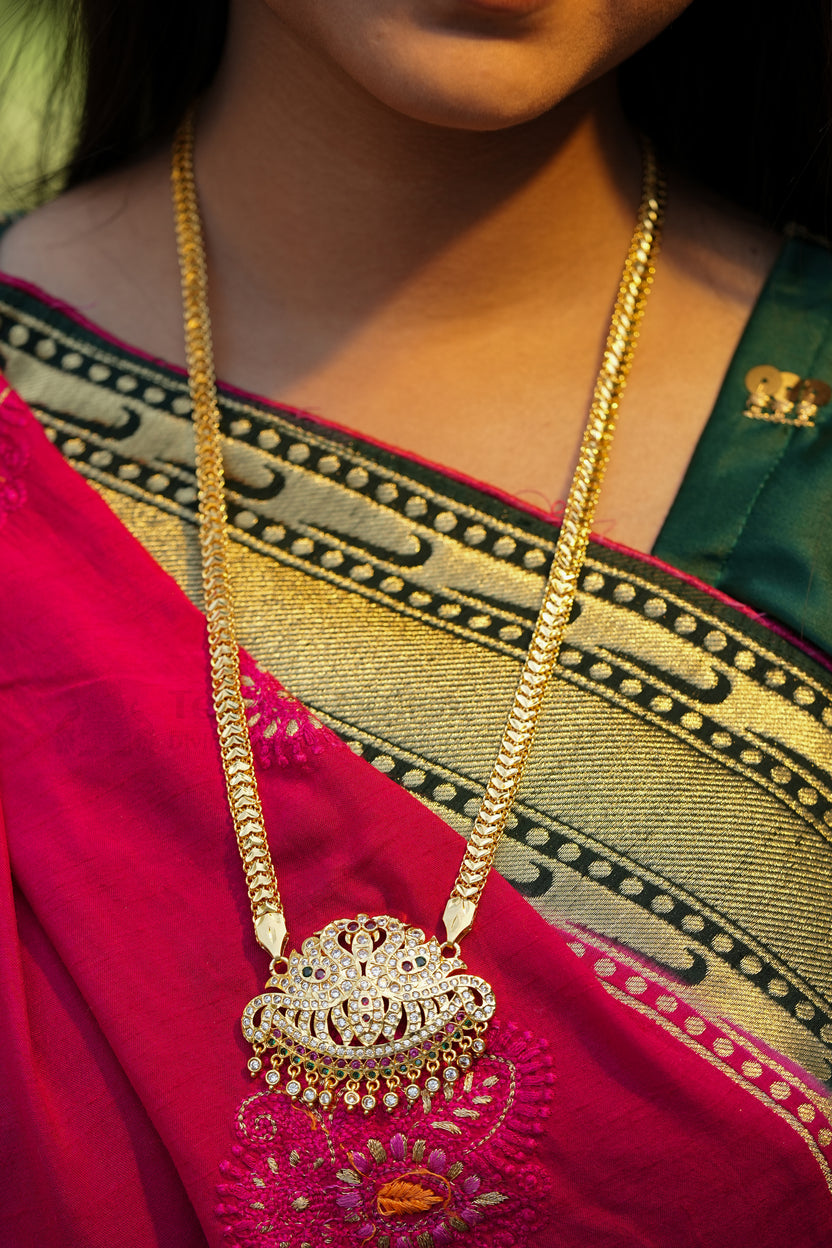 Twin Peacock Crescent Pendant with Twisted Rope Chain