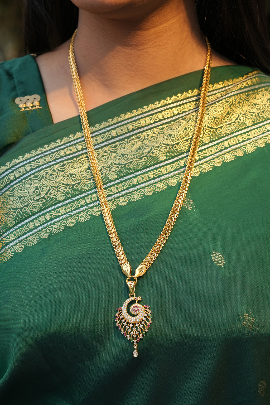 Stylized Peacock Swirl Pendant with V-Link Chain