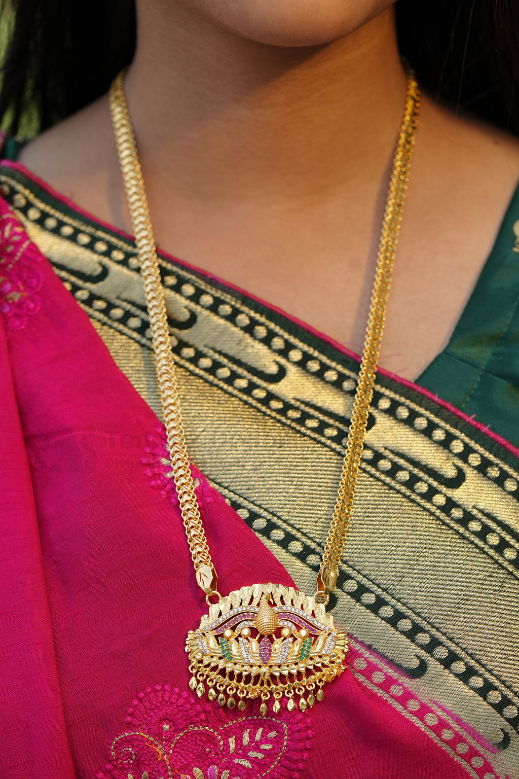 Peacock on Lotus Textured Pendant with Square Mesh Chain