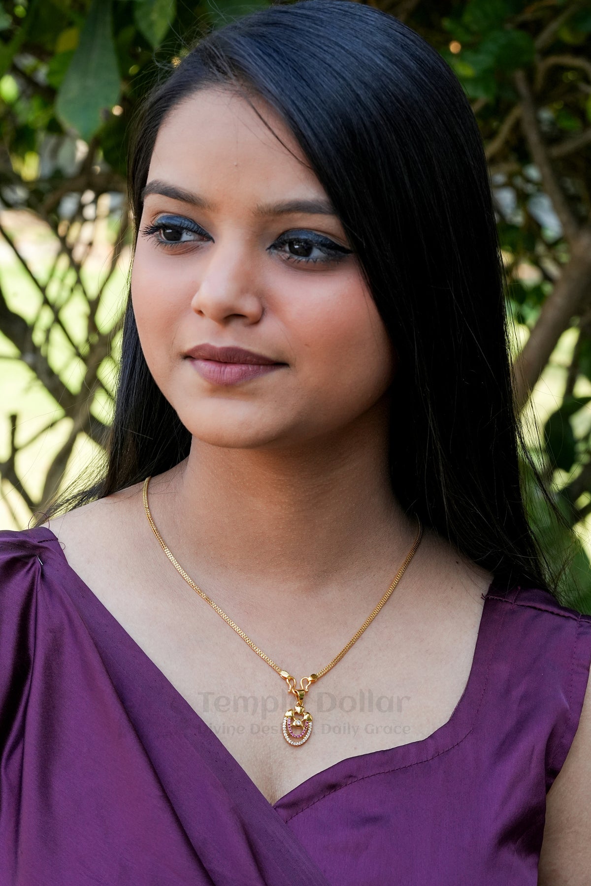 Pendant Chain for Women | South Indian Pink AD Stone Gold Necklace
