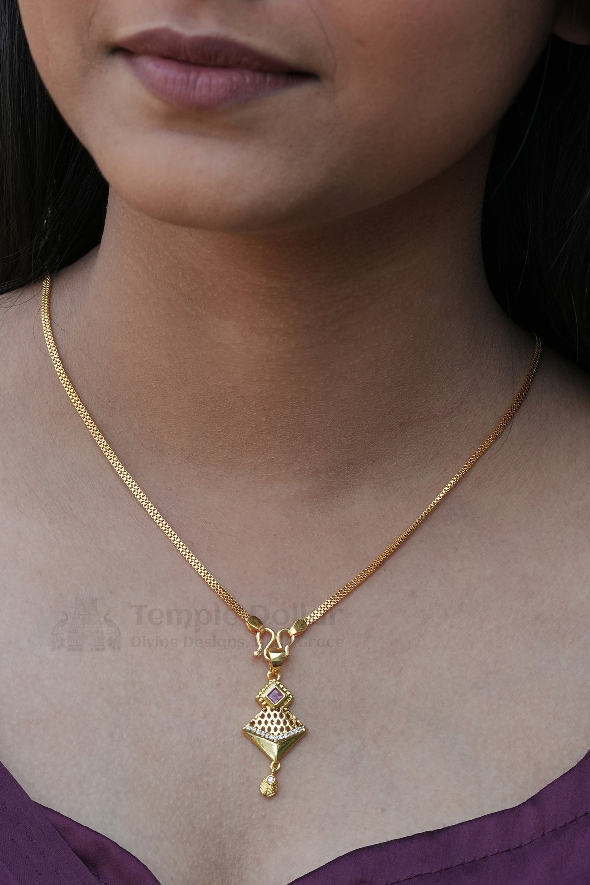 Pendant Chain for Women | Ruby AD Stone Daily Wear Gold Necklace