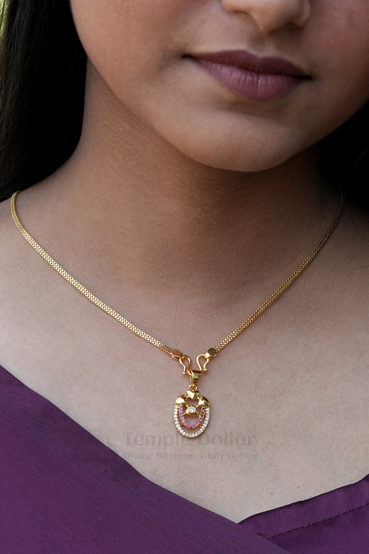 Pendant Chain for Women | South Indian Pink AD Stone Gold Necklace