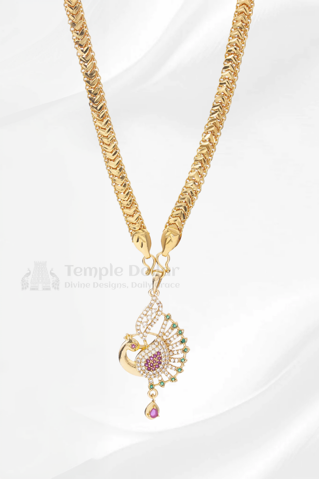 Side Feather Peacock Pendant with V-Link Chain