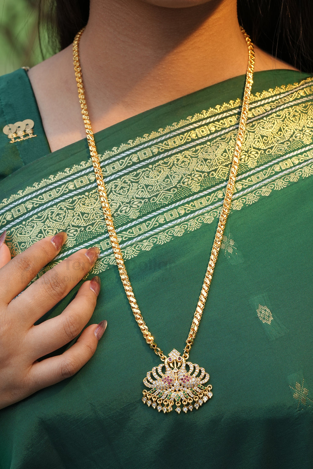 Twin Peacock Pendant Necklace with Designer Lotus Chain