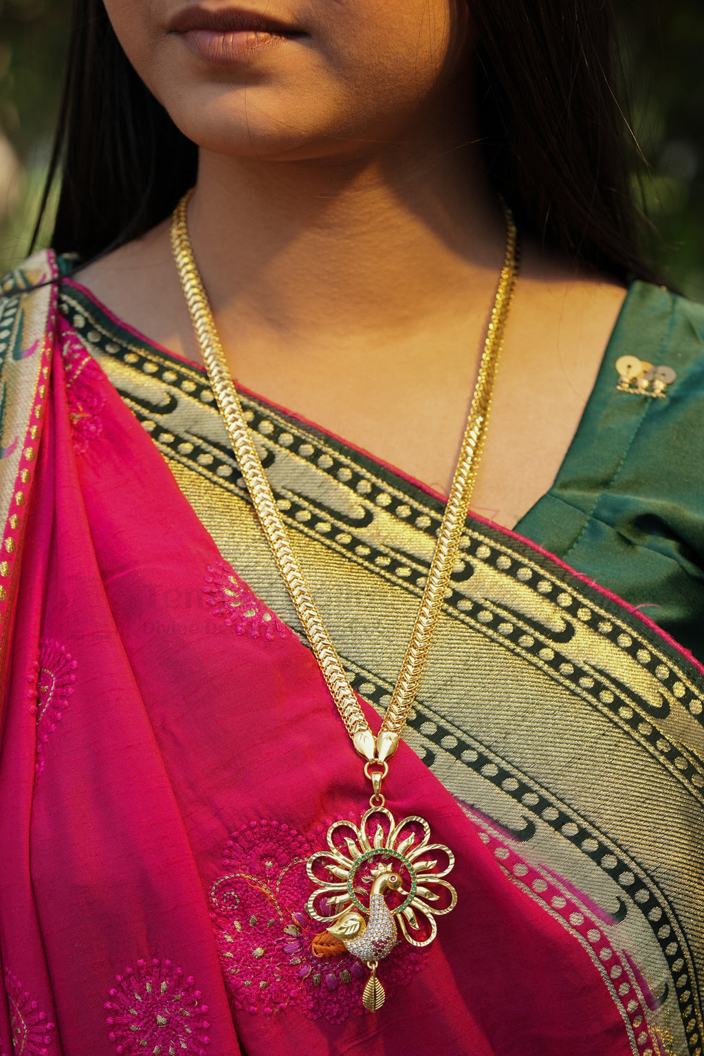 Peacock Motif Pendant with Designer V-Link Chain