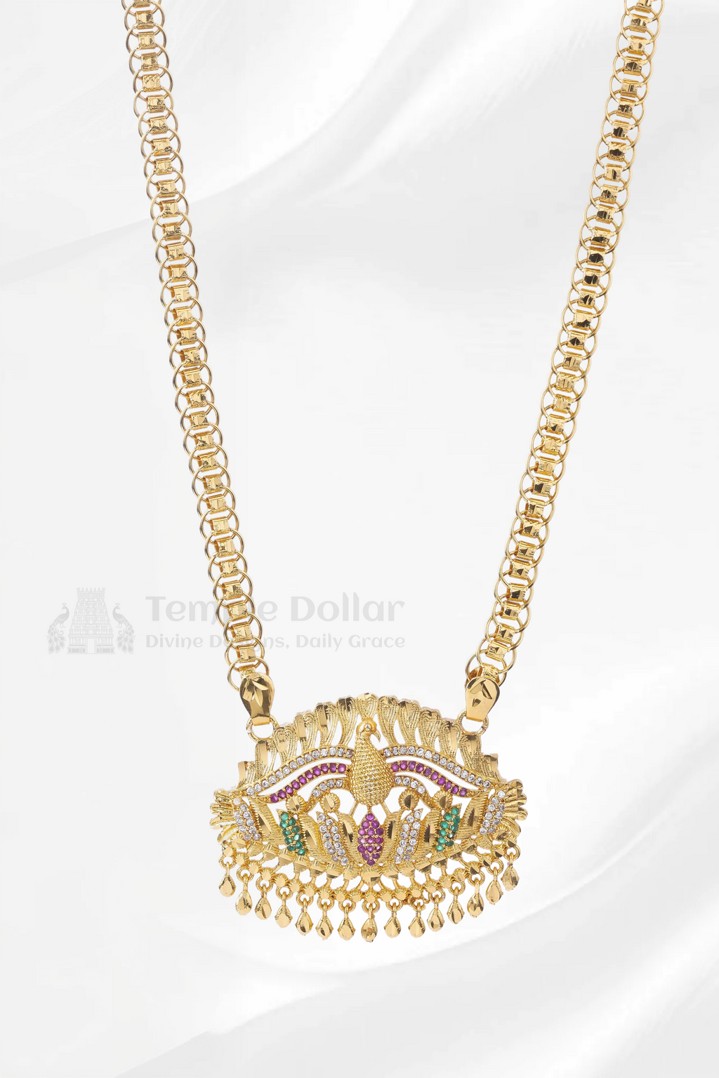 Peacock on Lotus Textured Pendant with Fancy Box Chain