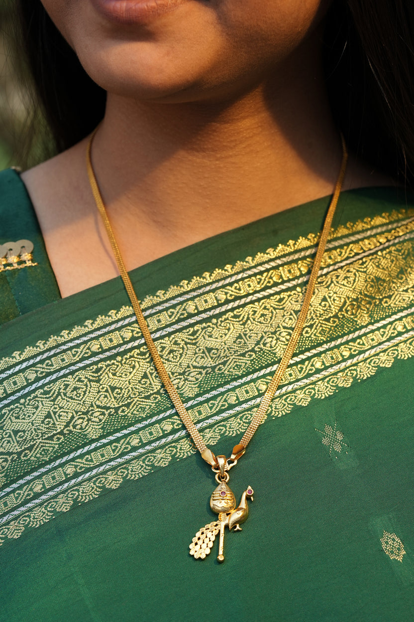 Murugan Vel & Peacock Pendant with Square Mesh Chain