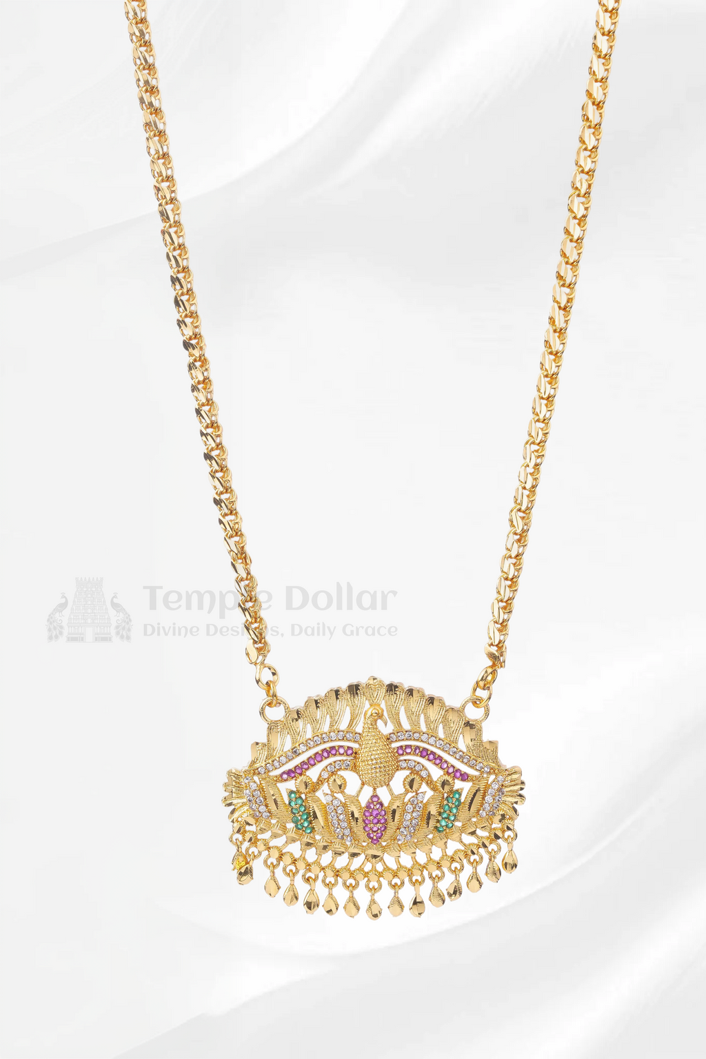 Peacock on Lotus Textured Pendant with Mugappu Chain