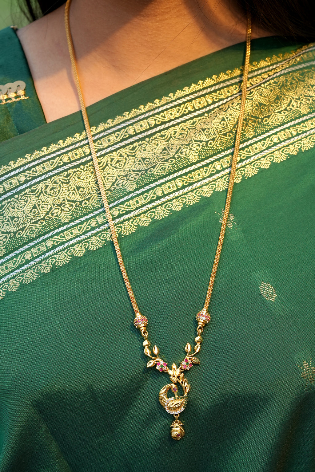 Floral Vine Peacock Pendant with Mugappu Ball Chain