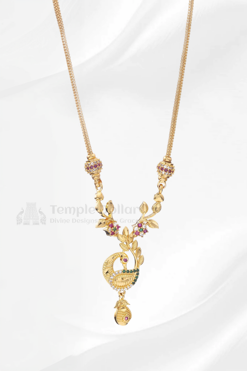 Floral Vine Peacock Pendant with Mugappu Ball Chain