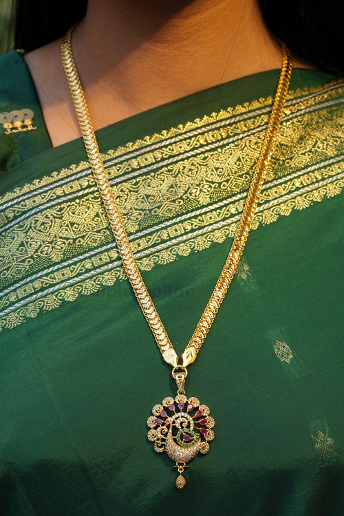 Dancing Peacock Pendant with Designer V-Link Chain