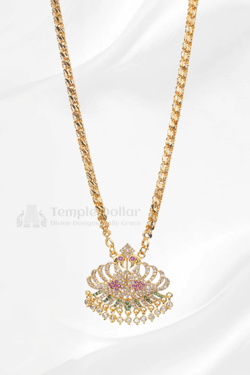 Twin Peacock Pendant Necklace with Designer Lotus Chain