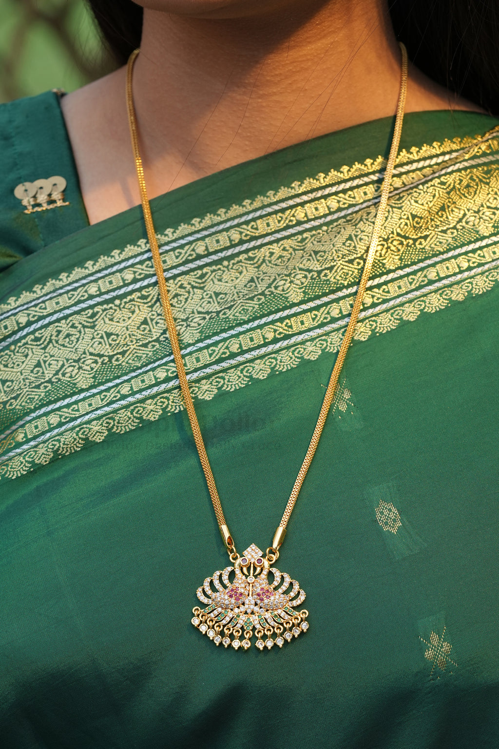 Twin Peacock Pendant with Square Mesh Chain