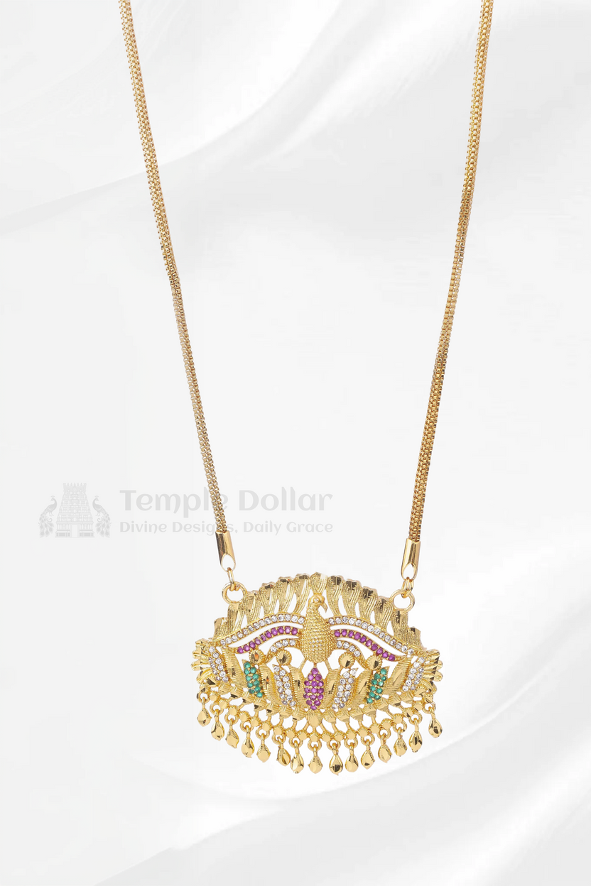 Peacock on Lotus Textured Pendant with V-Link Chain