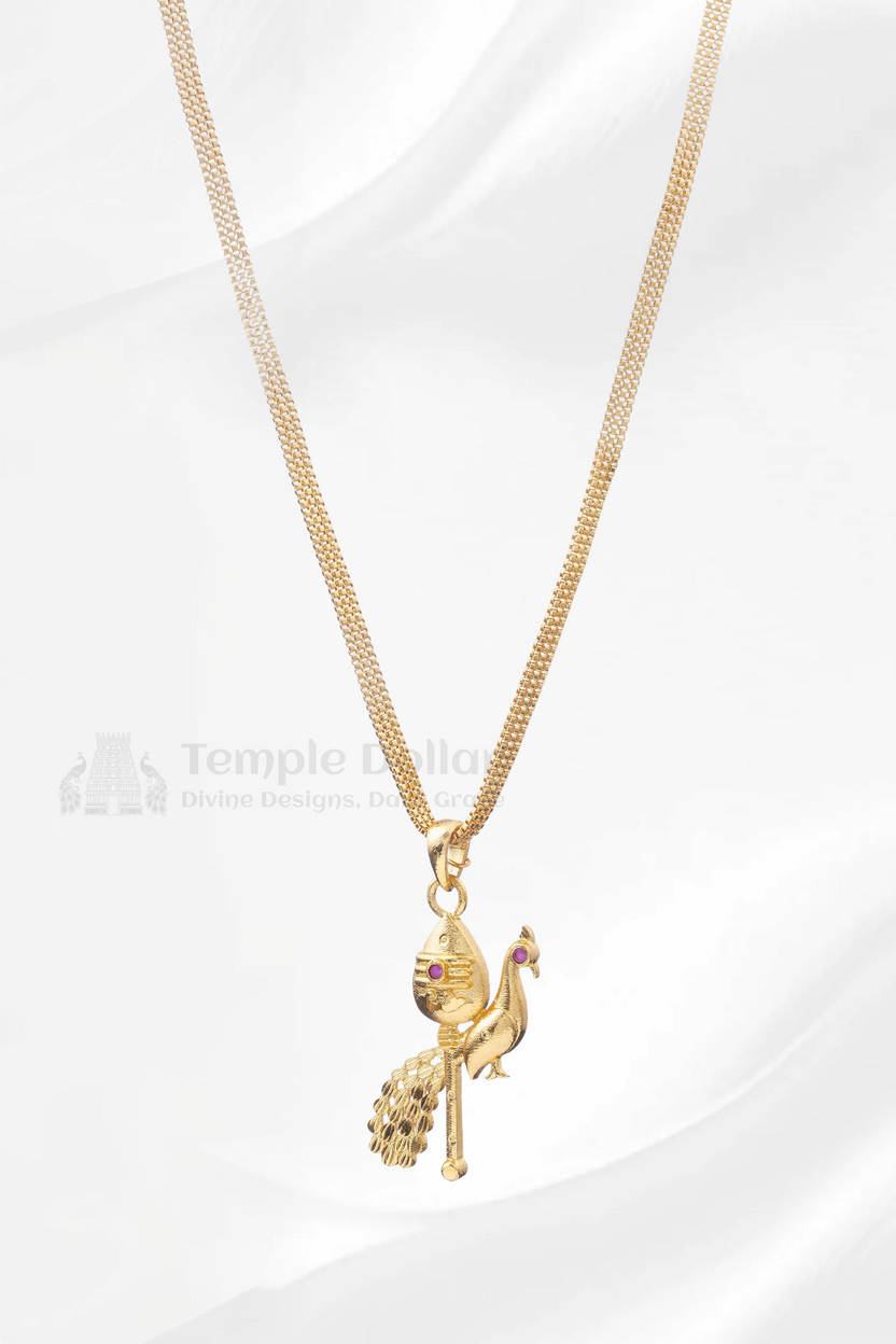 Murugan Vel & Peacock Pendant with Square Mesh Chain