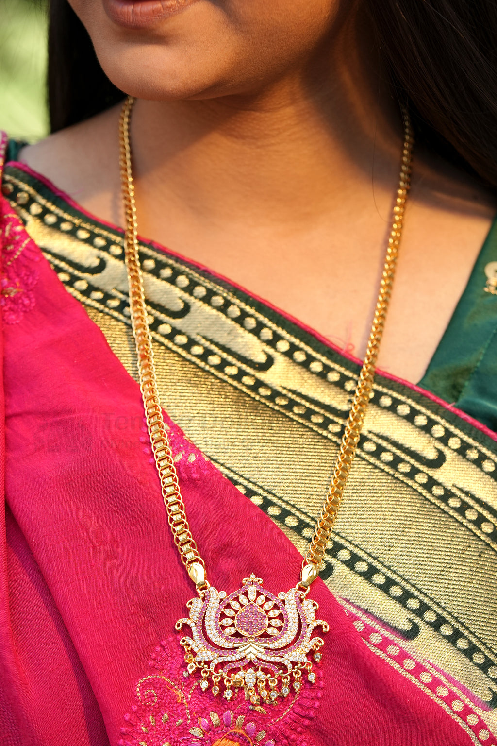 Ruby & White Floral Lotus Pendant with Fancy Box Chain
