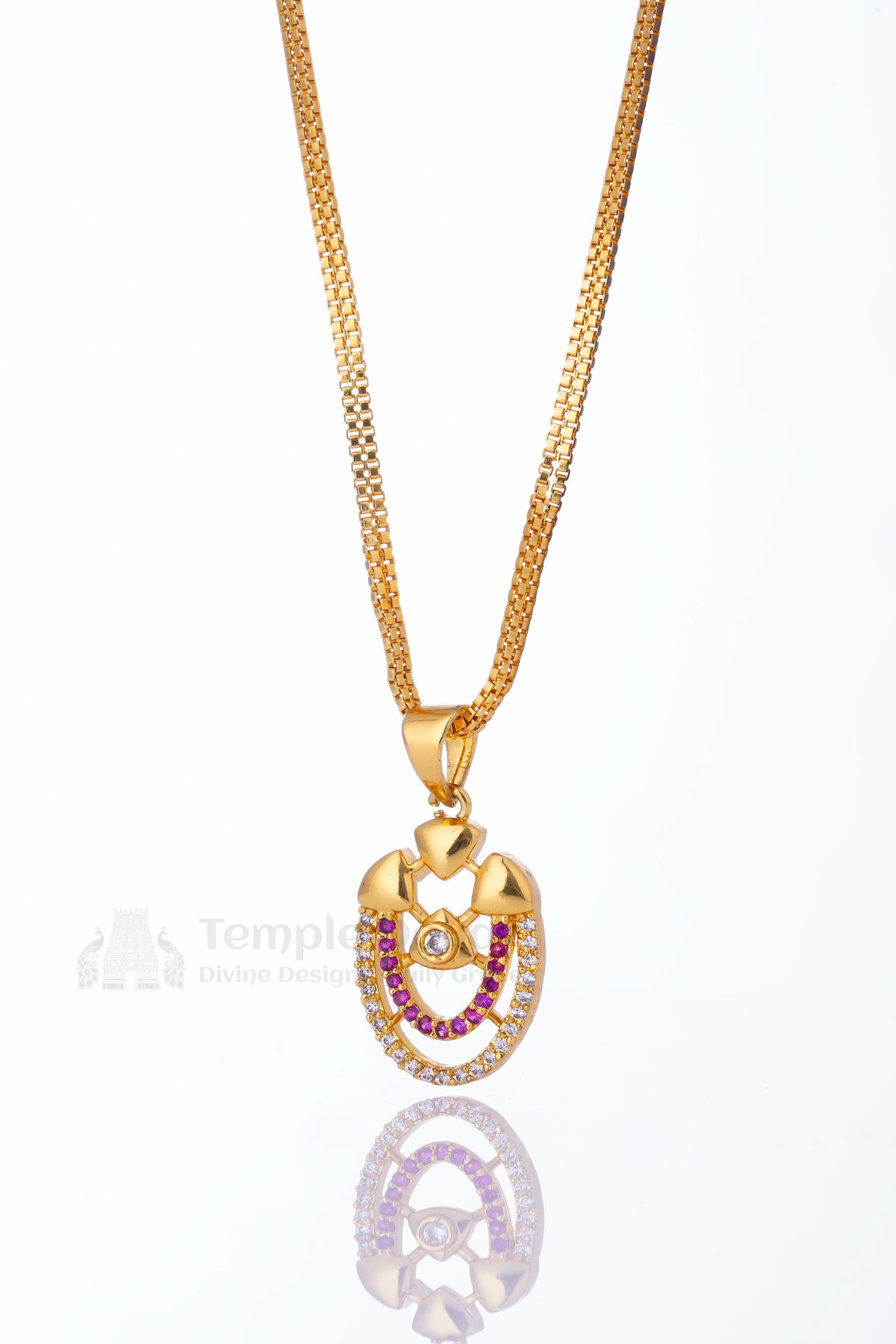 Pendant chain for women - white AD stone daily wear gold necklace with pink accents 
