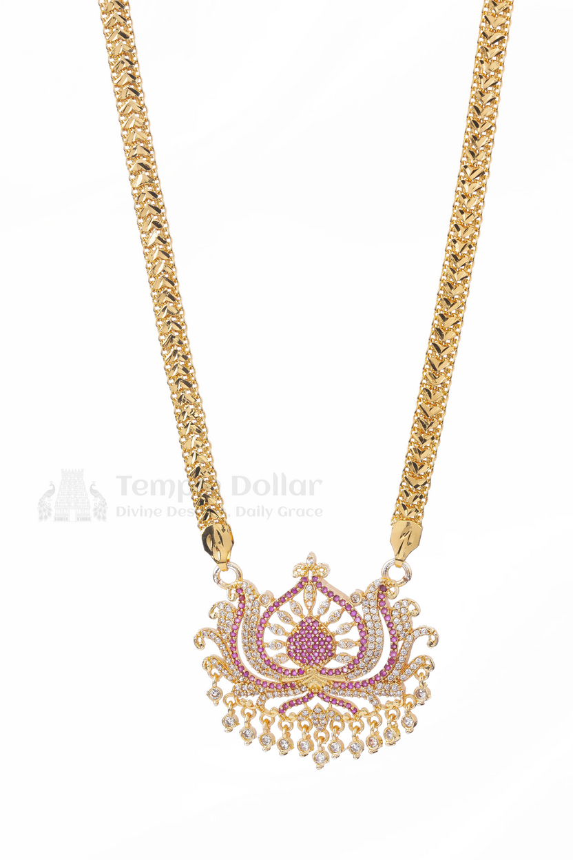 Ruby & White Floral Lotus Pendant with V-Link Chain