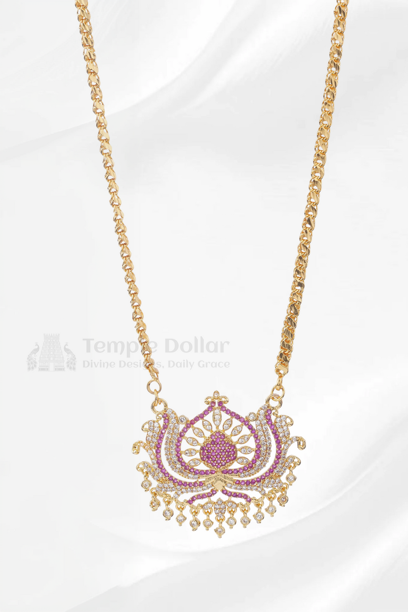 Ruby & White Floral Lotus Pendant with Square Mesh Chain