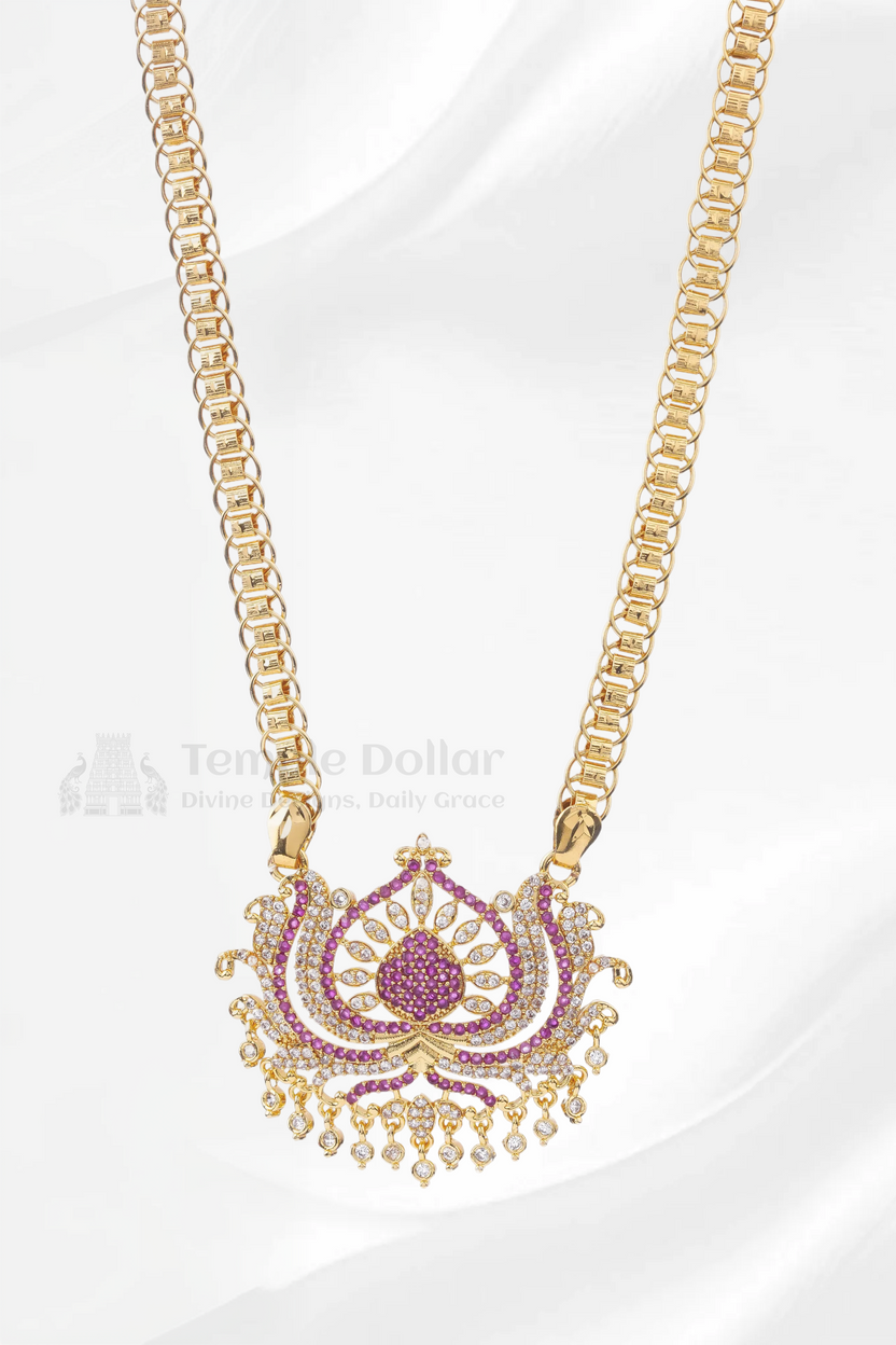 Ruby & White Floral Lotus Pendant with Fancy Box Chain