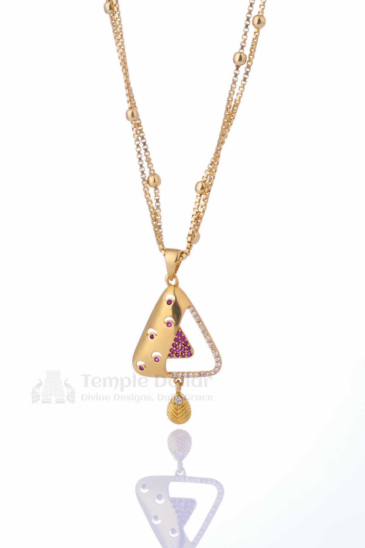 Pendant chain for women - triangle AD stone daily wear gold necklace with pink & white diamonds by Temple Dollar