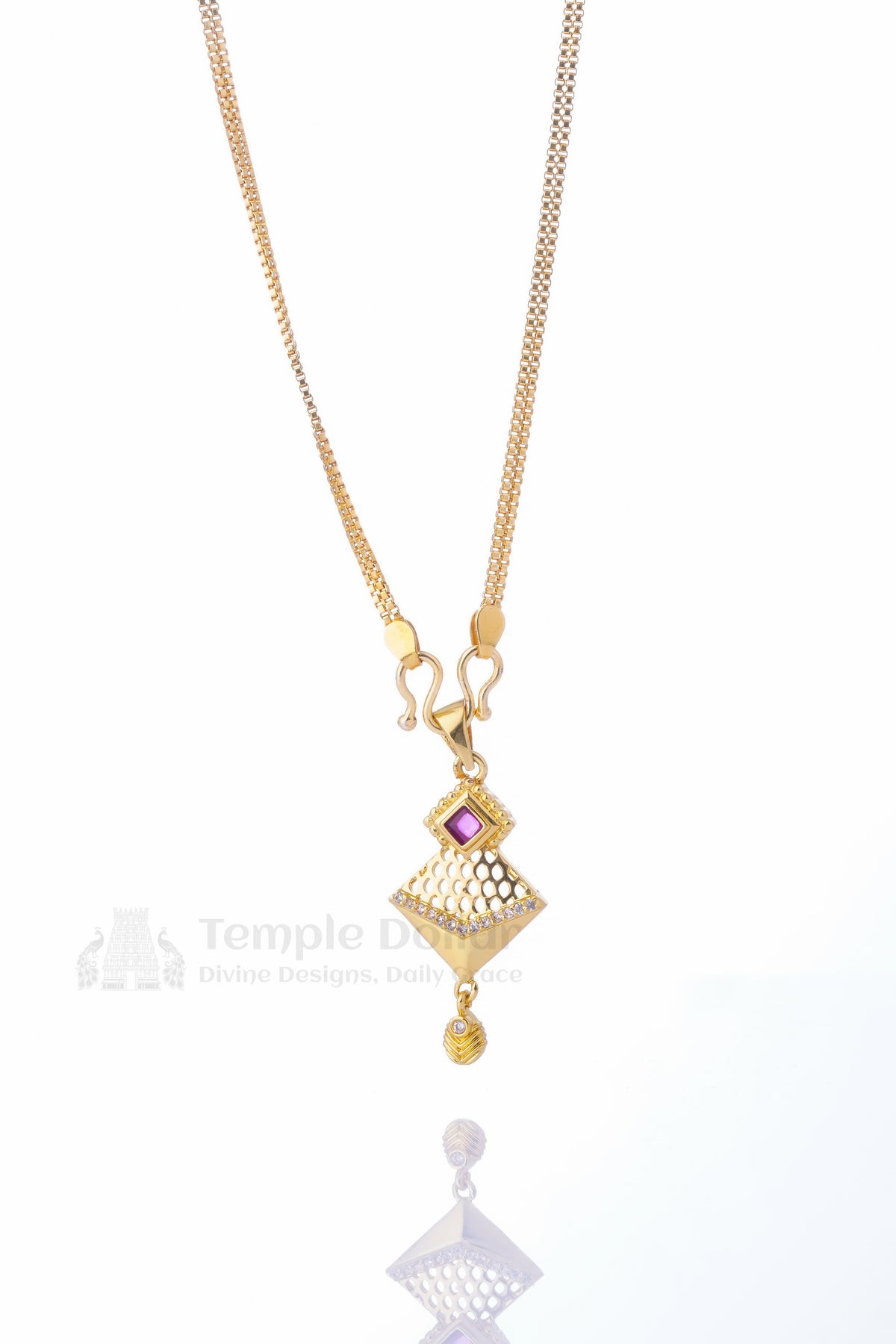 Pendant chain for women - ruby AD stone daily wear gold necklace with white diamonds by Temple Dollar