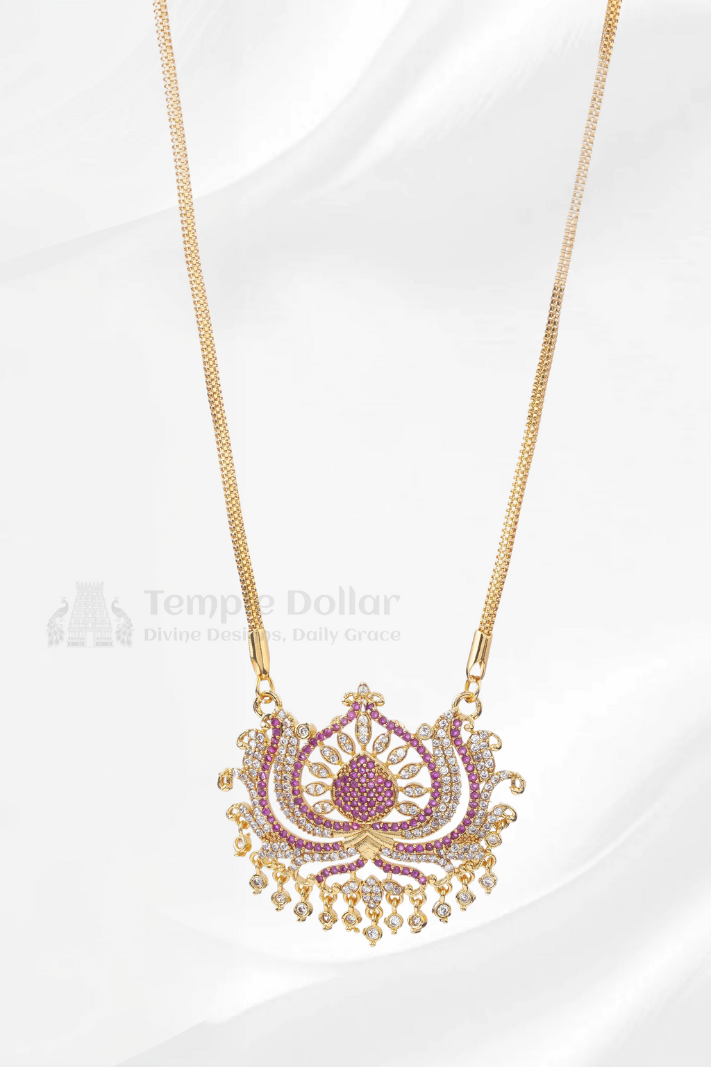 Ruby & White Floral Lotus Pendant with Mugappu Chain