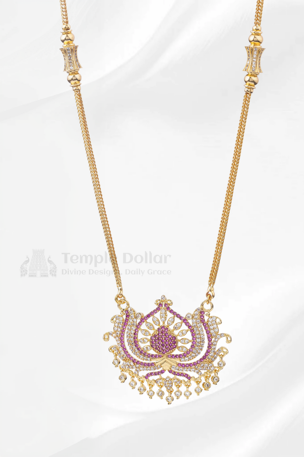 Ruby & White Floral Lotus Pendant with Twisted Rope Chain