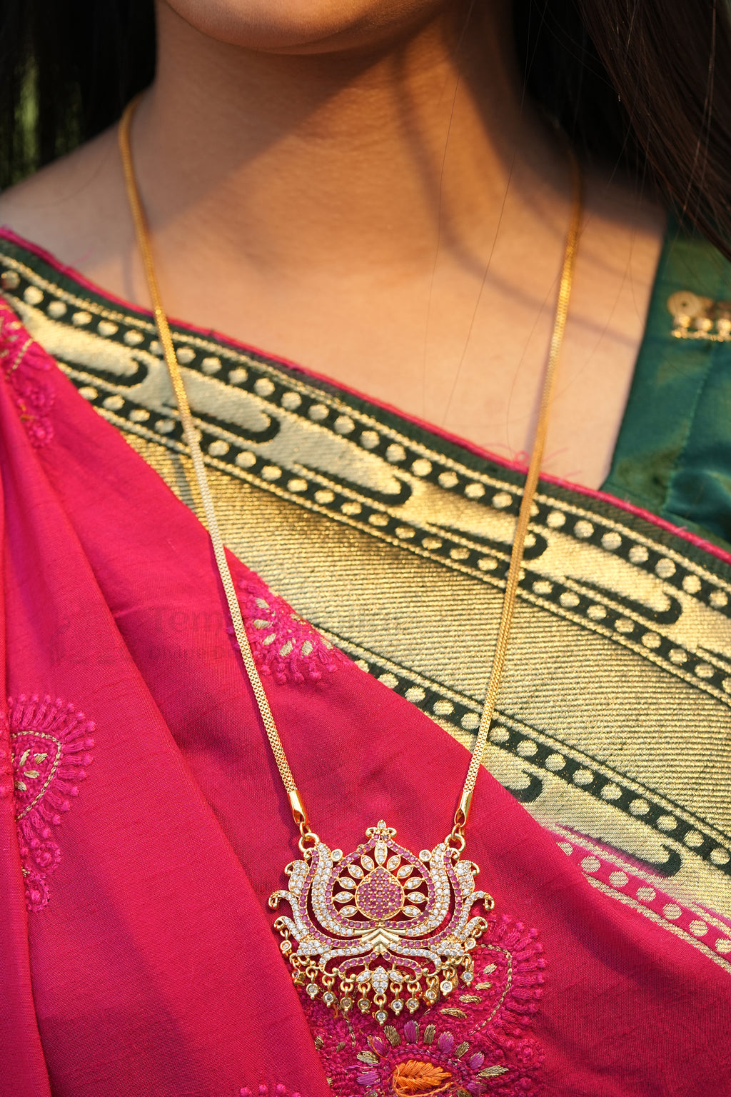 Ruby & White Floral Lotus Pendant with Mugappu Chain