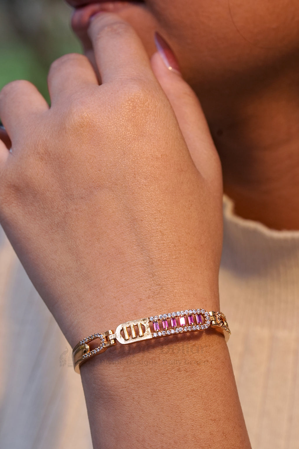 Rose Gold ID Style Bracelet with Ruby Baguettes