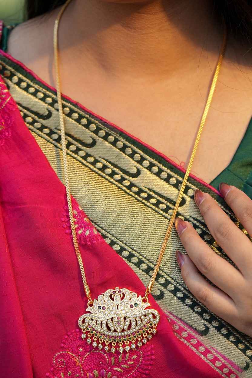 Twin Peacock Crescent Pendant with Square Mesh Chain