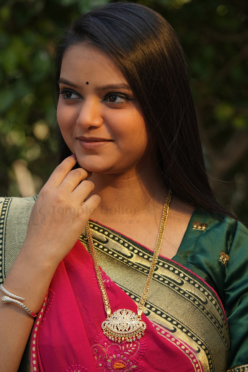 Twin Peacock Crescent Pendant with Fancy Box Chain