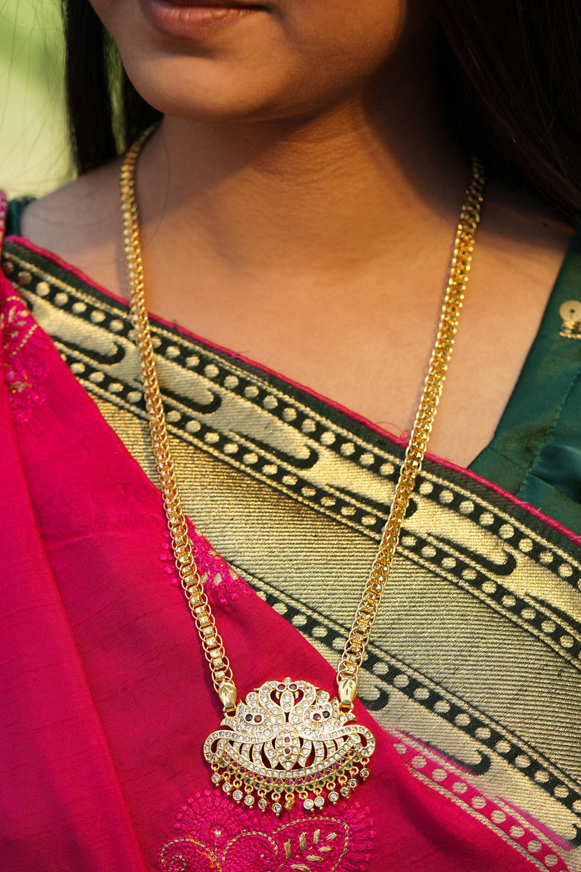 Twin Peacock Crescent Pendant with Fancy Box Chain