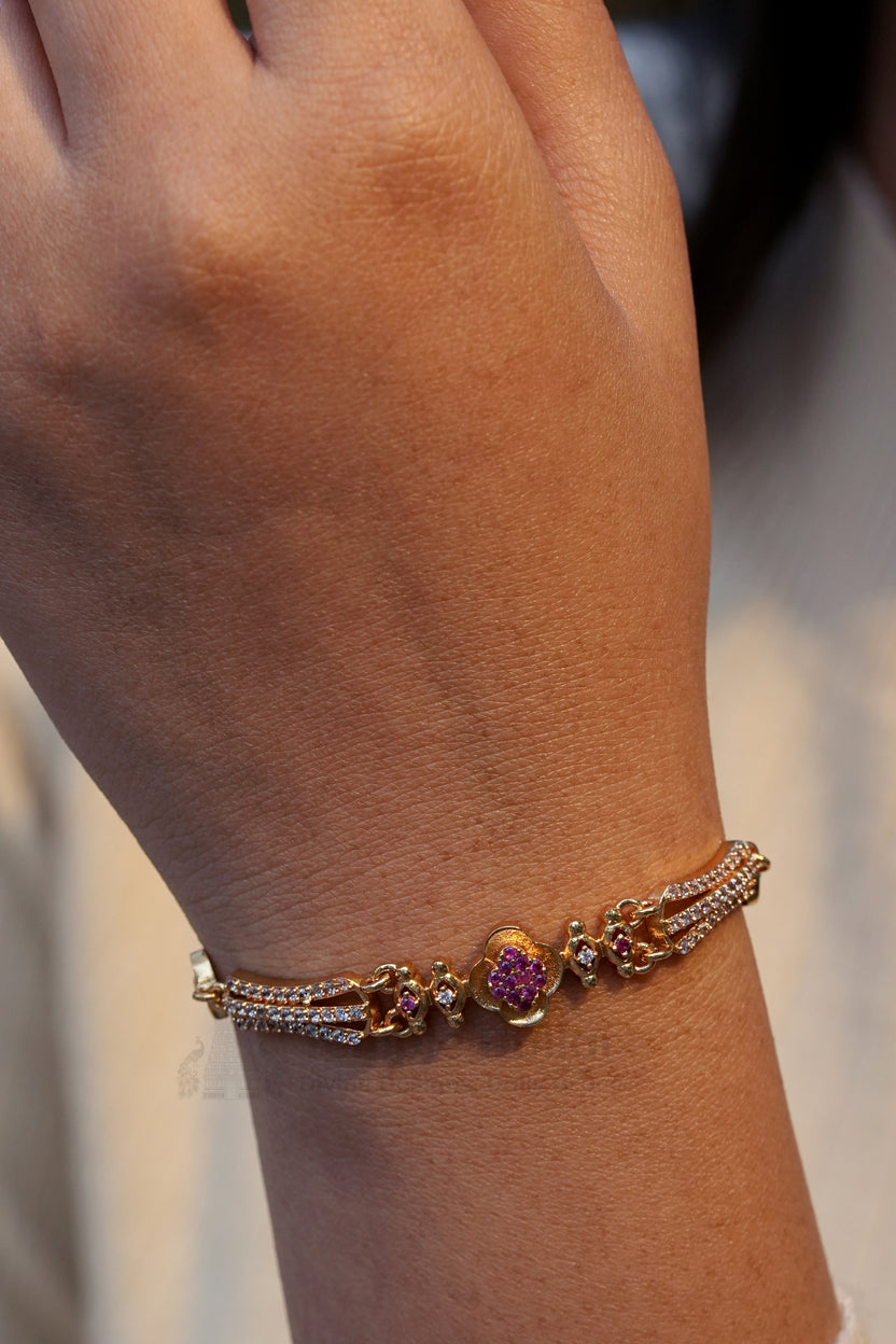 Rose Gold Floral Clover Bracelet with Ruby Stones