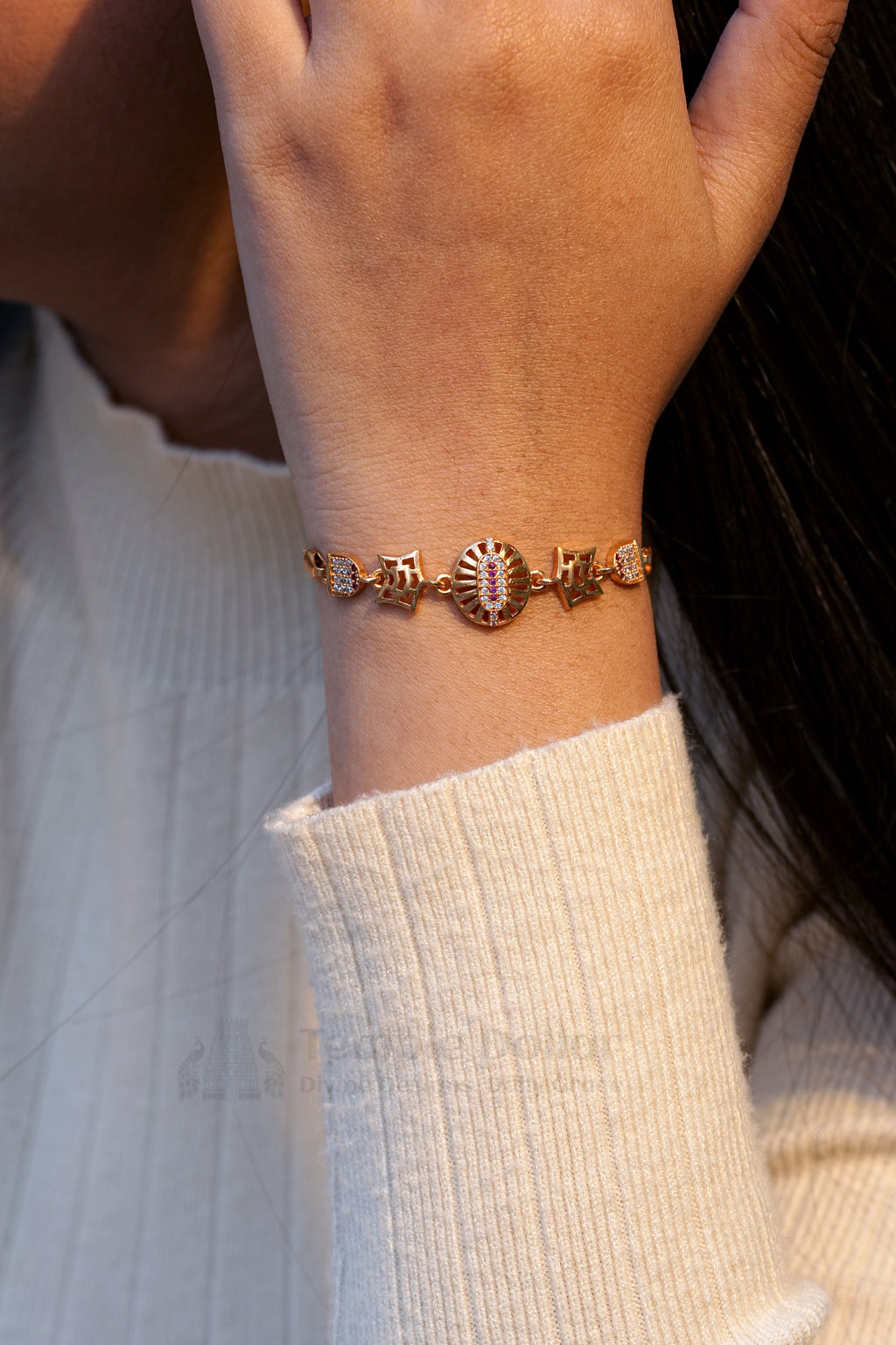 Rose Gold Oval Shield Link Bracelet with Ruby Line