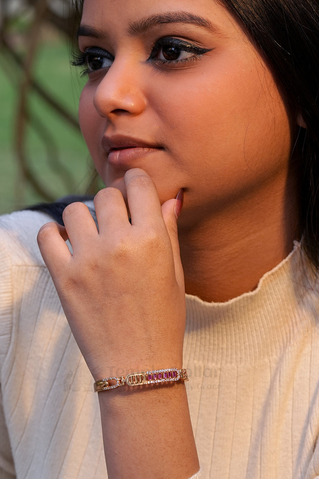 Rose Gold ID Style Bracelet with Ruby Baguettes