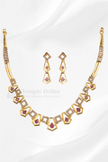 Antique Gold Plated Pentagon Motif Necklace & Drop Earrings Set | Premium Ruby & White Stone Imitation Jewelry