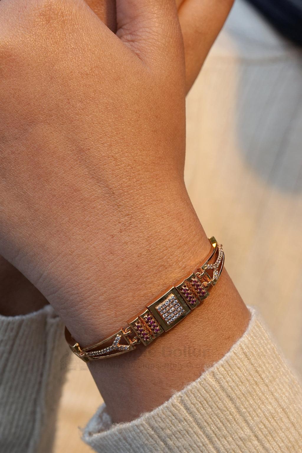 Rose Gold Designer Link Bracelet with Ruby Pink & White Stones