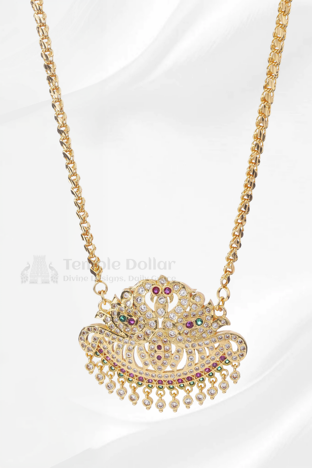 Twin Peacock Crescent Pendant with Mugappu Chain