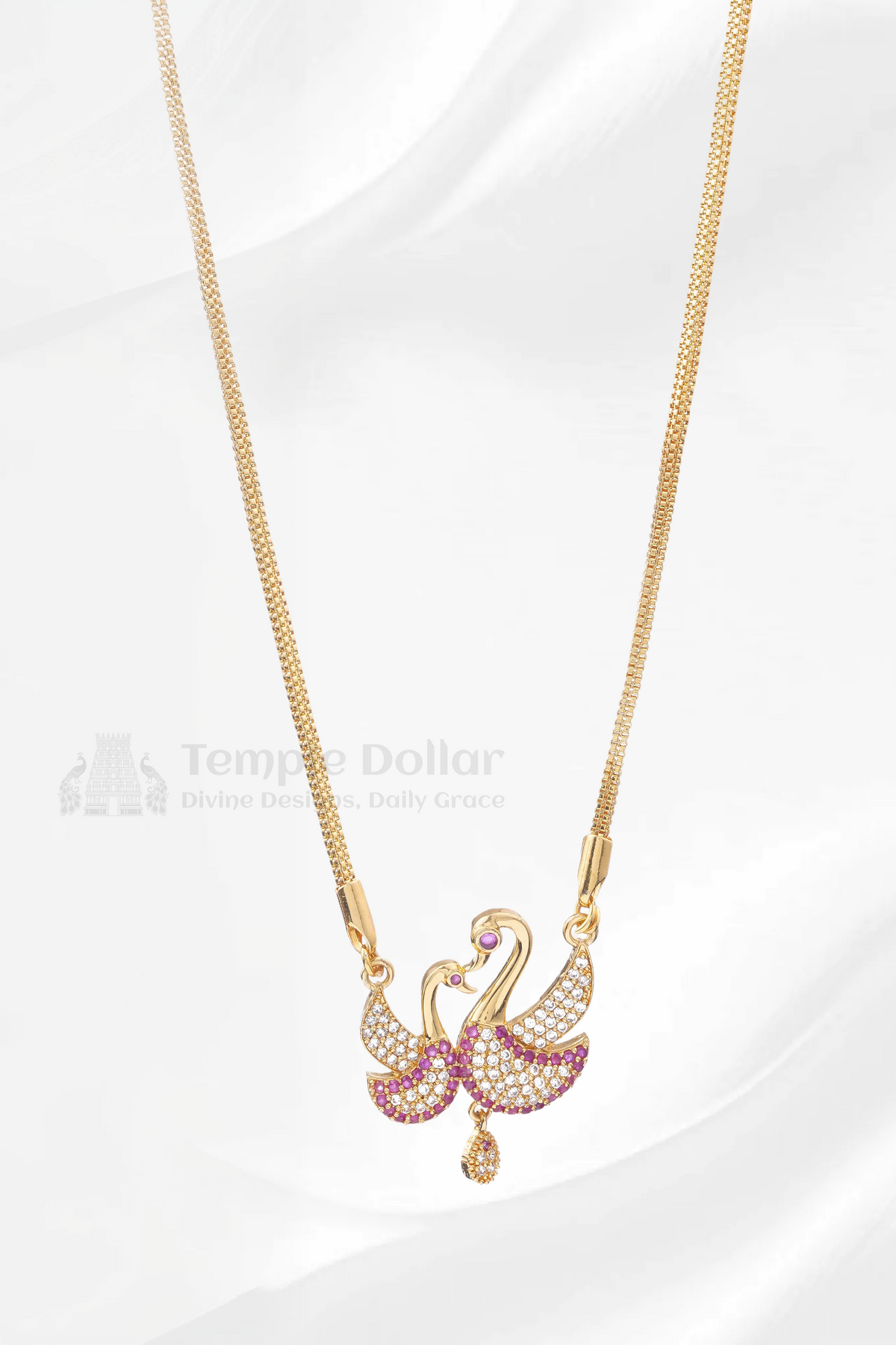 Twin Swan Heart Pendant with Square Mesh Chain