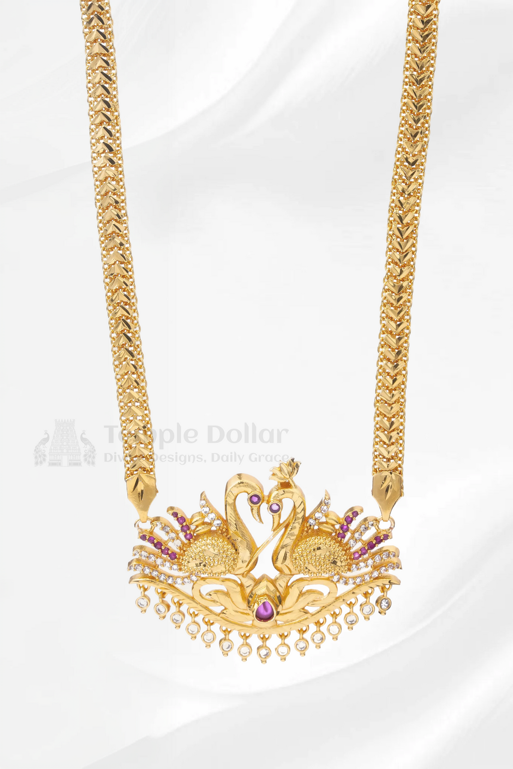 Twin Swan Textured Pendant with Mugappu Chain