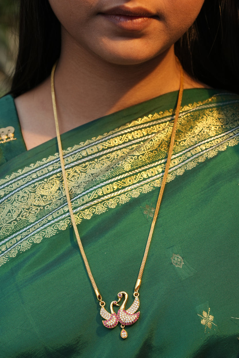 Twin Swan Heart Pendant with Square Mesh Chain