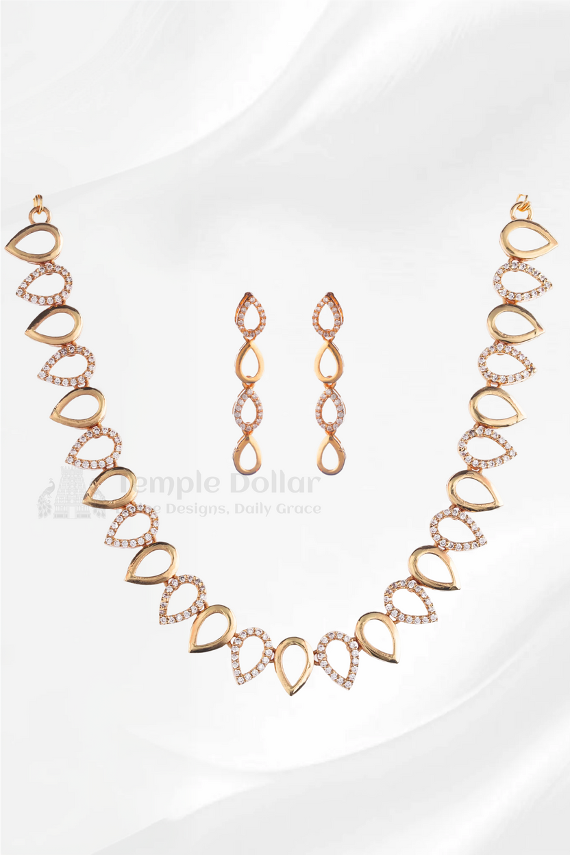 All-White CZ Stone Antique Gold Plated Necklace & Long Drop Earrings | Premium South Indian Temple Jewelry.