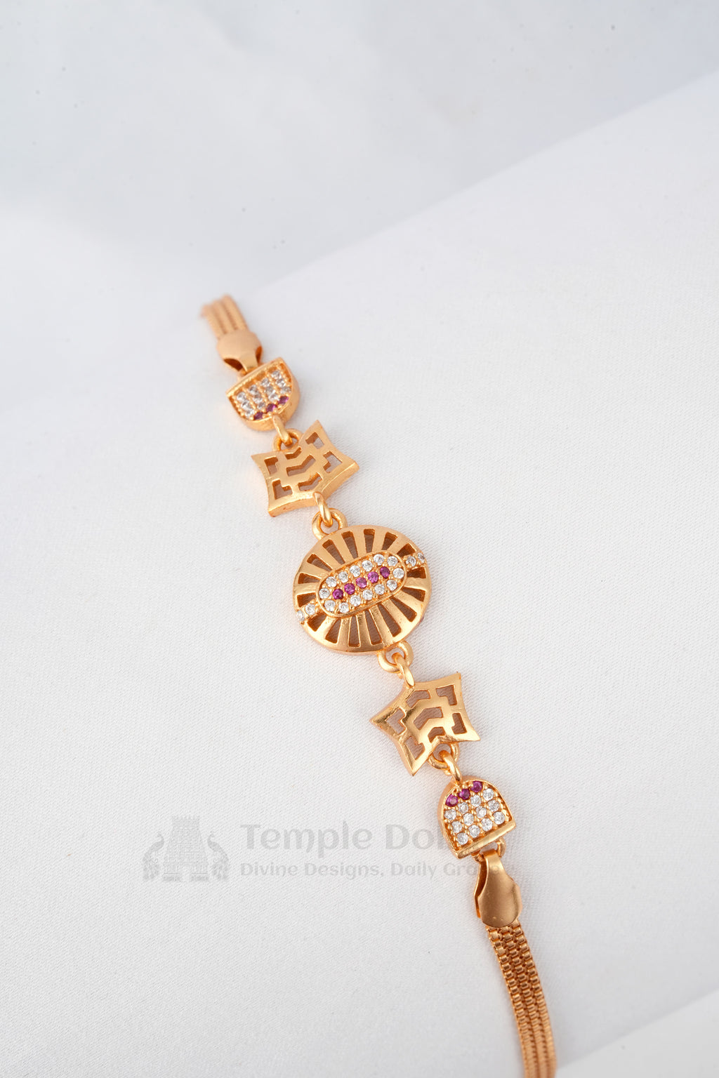 Rose Gold Oval Shield Link Bracelet with Ruby Line