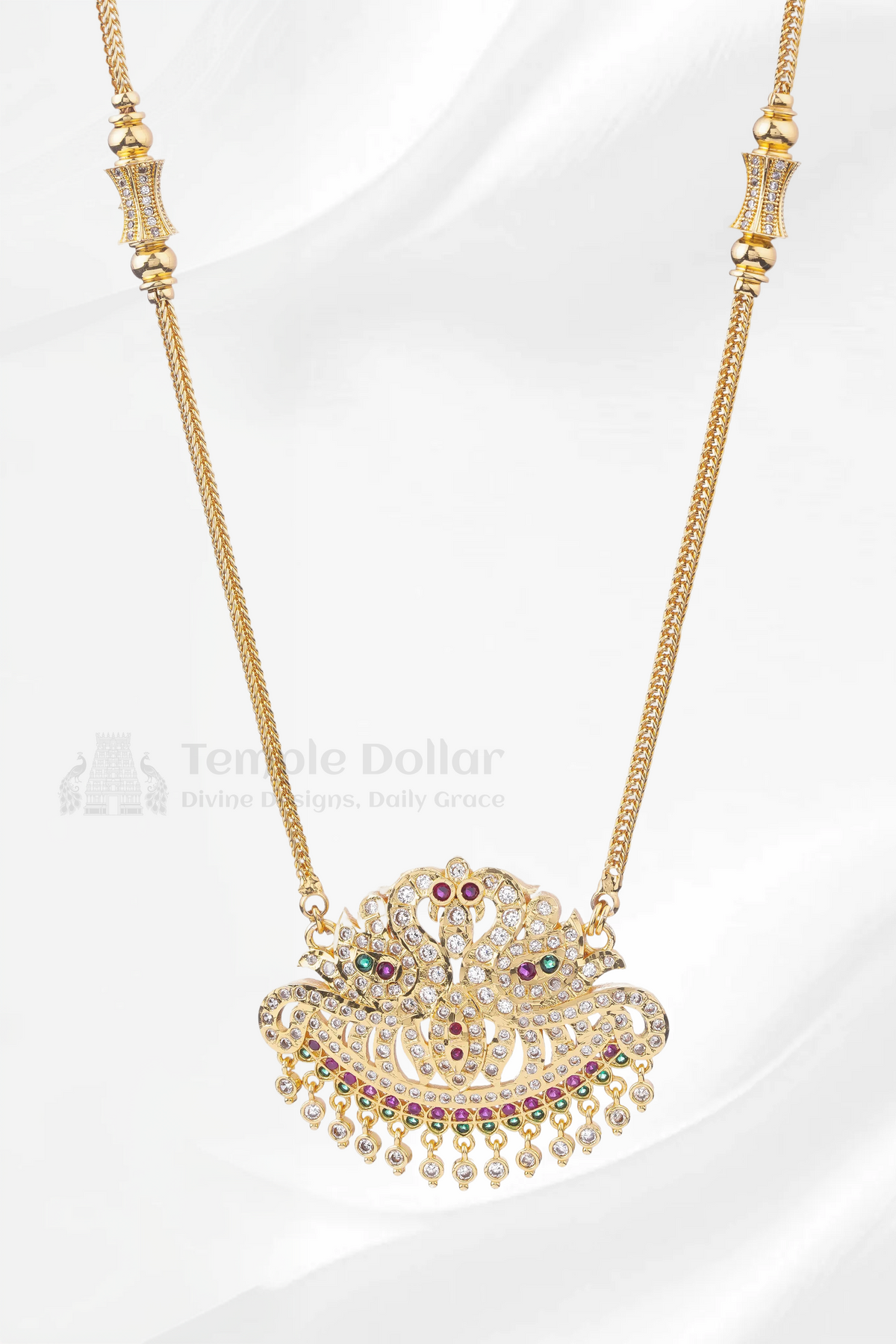 Twin Peacock Crescent Pendant with V-Link Chain